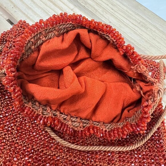 Vintage Terra Cotta Red Burnt Orange Handmade Micro Glass Bead Fringe Clutch - Picture 3 of 8